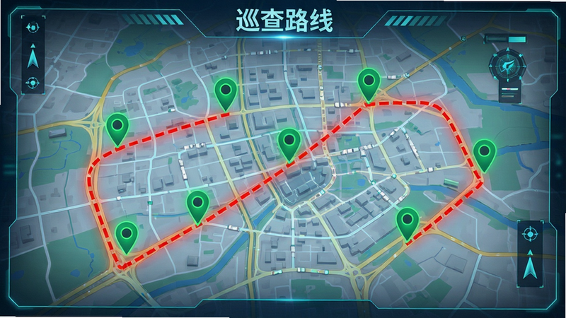 地图界面示意图,显示一条红色虚线巡查路线,路线上有多个绿色定位点,背景为城市地图,风格为科技感,文字标注“巡查路线”,画质清晰,无多余元素