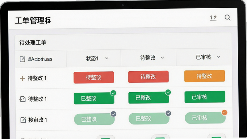 工单管理界面,显示一个待处理工单列表,状态分为“待整改”、“已整改”、“已审核”,风格为简洁列表,文字清晰,画质干净,无多余元素