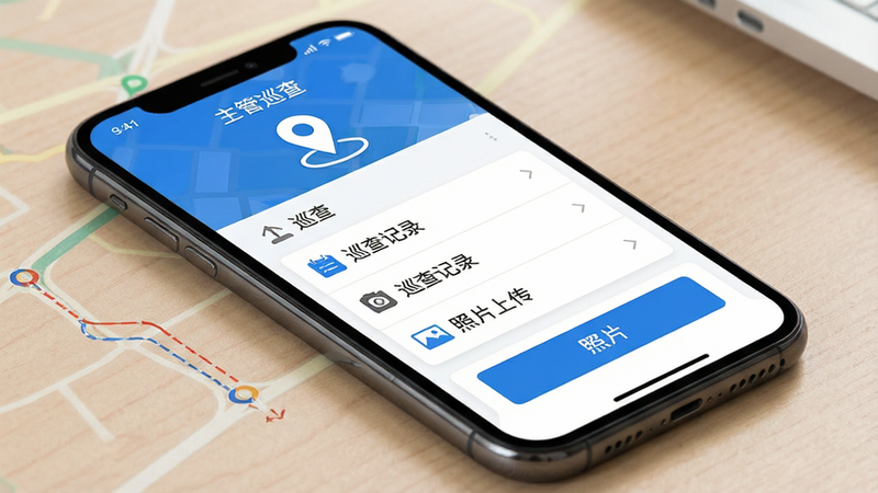 软件界面展示,手机屏幕显示“主管巡查”APP主界面,包含地图定位图标、巡查记录列表、照片上传按钮,风格为现代扁平化UI设计,色调以蓝色和白色为主,细节清晰,画质高清,无多余元素