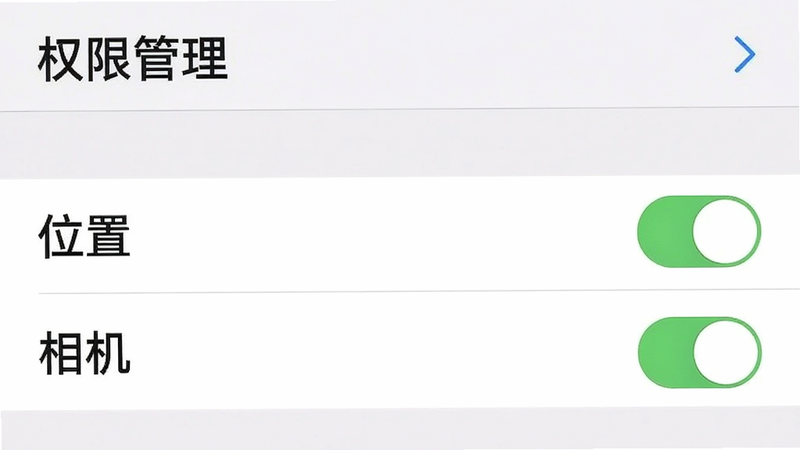 手机设置界面,显示“权限管理”选项,突出“位置”和“相机”权限开关,风格为系统设置截图,文字清晰,画质干净,无多余元素