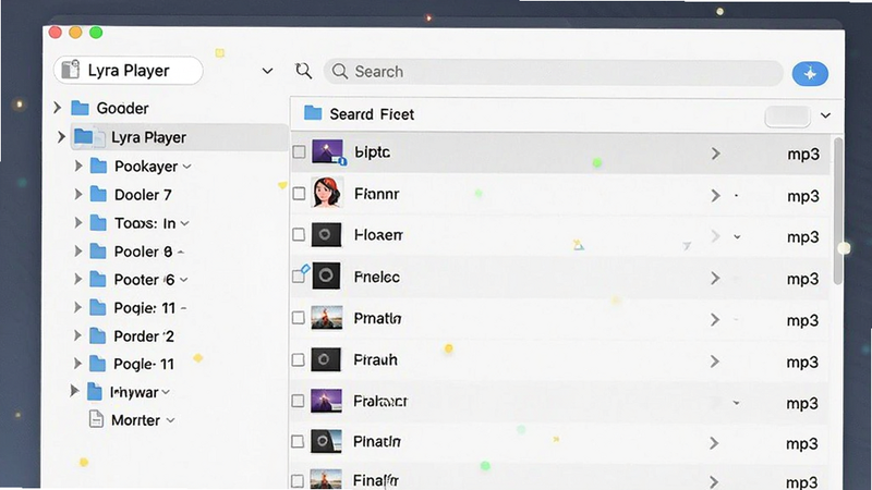 Lyra Player file management view, folder tree structure, file icons, search bar, list of mp3 files, organized layout, modern app design