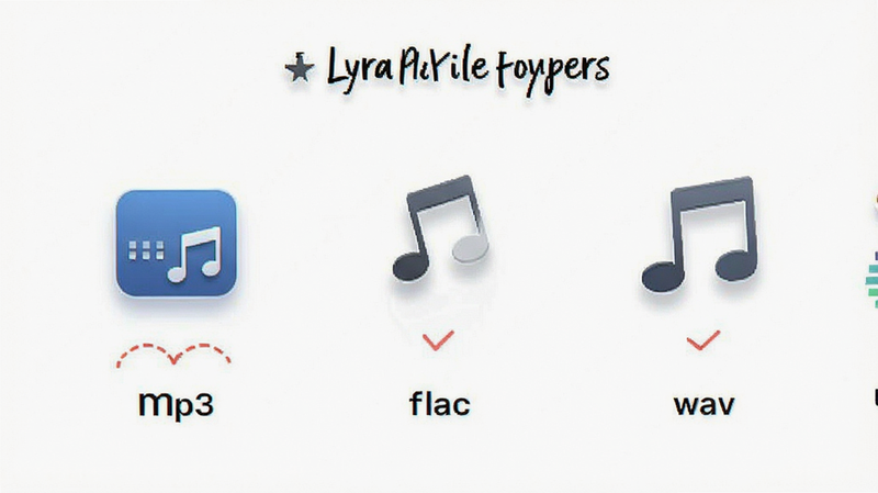 Lyra Player supported file formats list, icons for mp3 flac wav, text labels, clean UI design, white background, high detail