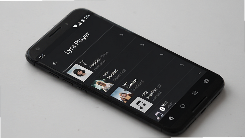 Lyra Player app interface on android phone, minimalist dark mode UI, music playlist list, clean typography, modern flat design, high quality, no extra elements