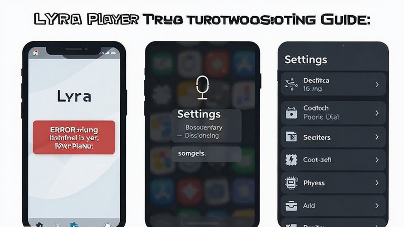 Lyra Player troubleshooting guide illustration, phone screen with error message, settings menu, simple icons, clean white background, vector art style