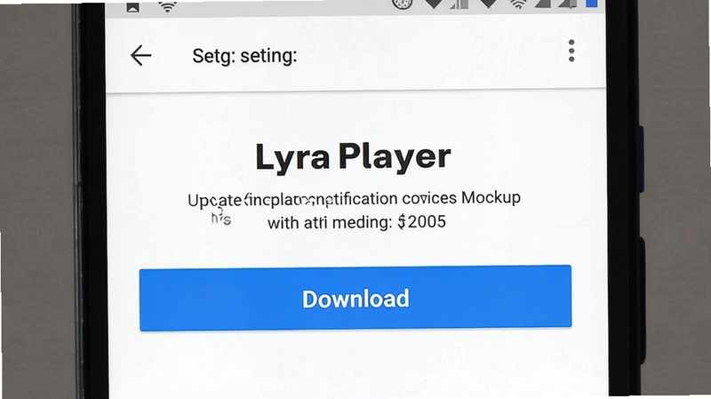 Lyra Player update notification mockup, android settings screen, download button, blue accent, minimal design