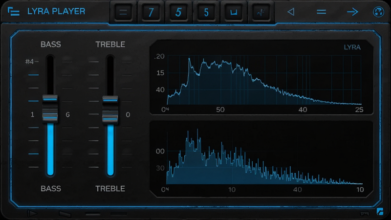Lyra Player audio equalizer settings panel, sliders for bass treble, frequency spectrum visualization, technical interface, blue accent colors, detailed UI