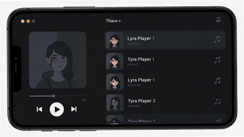 Lyra Player minimalist music player UI screenshot, dark theme, simple controls, play button, track list, clean layout, vector style, high resolution