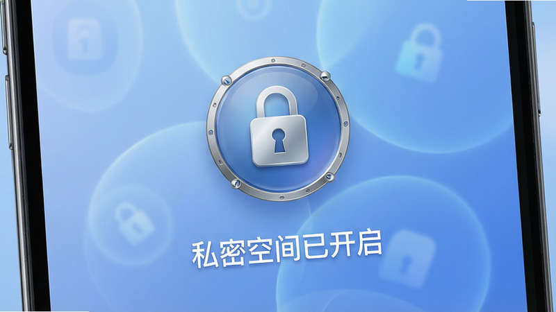 Morphe隐私安全保护界面,锁形图标居中,背景为柔和的蓝色渐变,文字显示“私密空间已开启”,风格安全可靠,细节精致,画质高