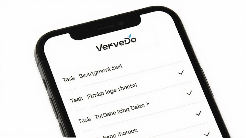 VerveDo app interface on a smartphone, minimalist UI design, clean white background, list of tasks with checkboxes, modern typography, high quality, detailed, no extra elements, 'VerveDo' logo visible