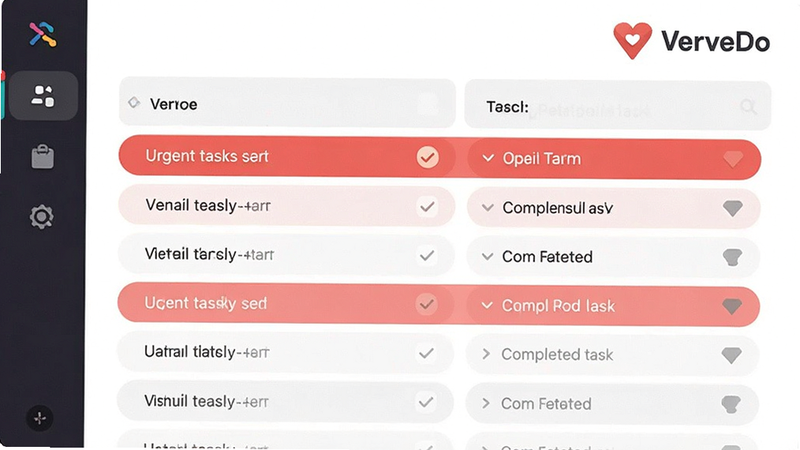 VerveDo sorted task list, urgent tasks highlighted in red, completed tasks faded out, clear visual hierarchy, modern UI, 'VerveDo' icon on top right