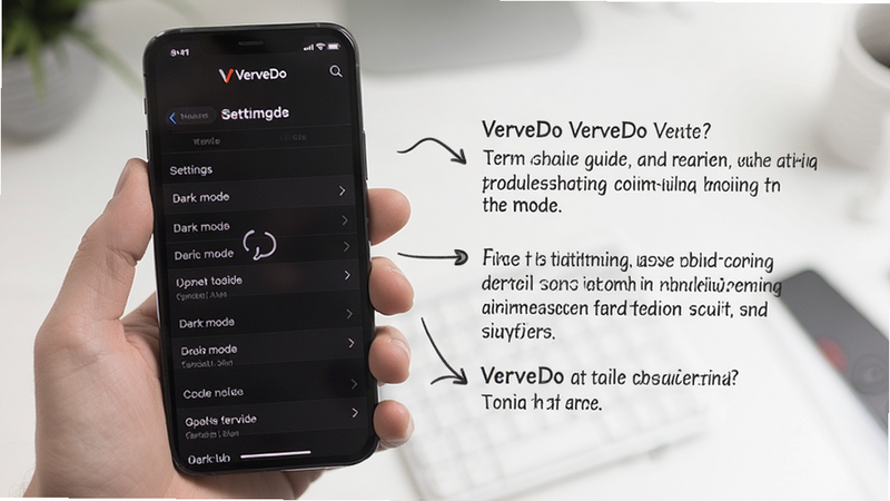VerveDo troubleshooting guide, smartphone screen with settings menu, dark mode enabled, clean layout, instructional style, 'VerveDo' logo