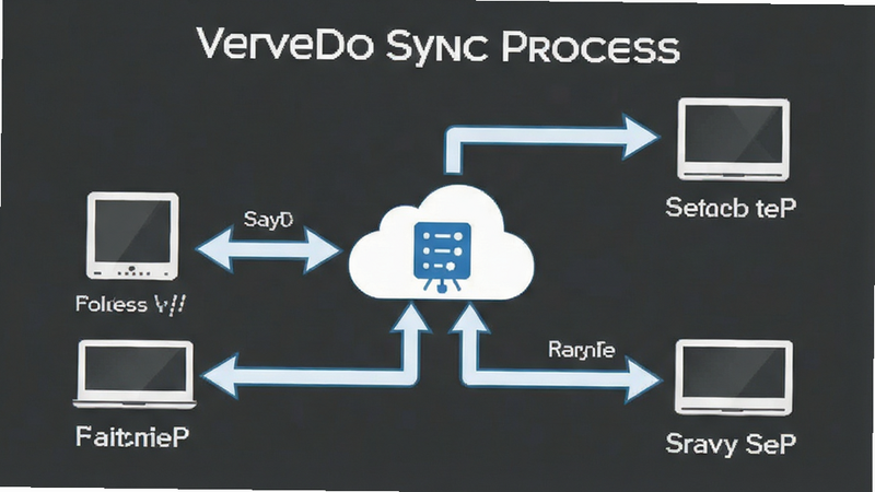 VerveDo sync process illustration, arrows connecting devices, cloud server icon, simple diagram style, clear text labels