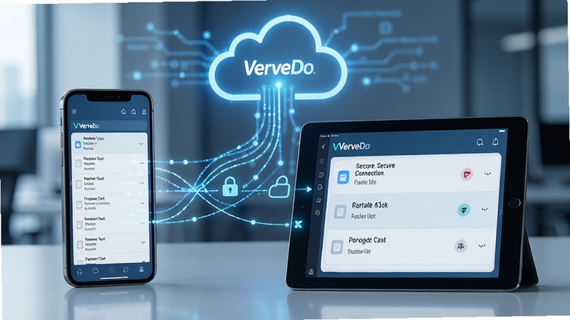 VerveDo synchronization concept, smartphone and tablet displaying same task list, cloud icon in background, secure connection lines, tech style, 'VerveDo' branding