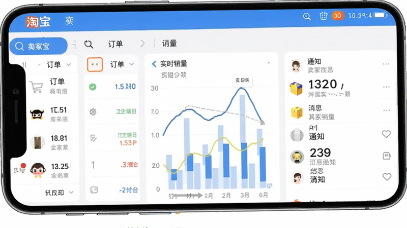 卖家宝App界面截图,手机屏幕显示淘宝卖家后台仪表盘,包含订单列表、实时销量图表和消息通知中心,扁平化UI设计,蓝色和白色为主色调,清晰易读,高清晰度,无多余元素
