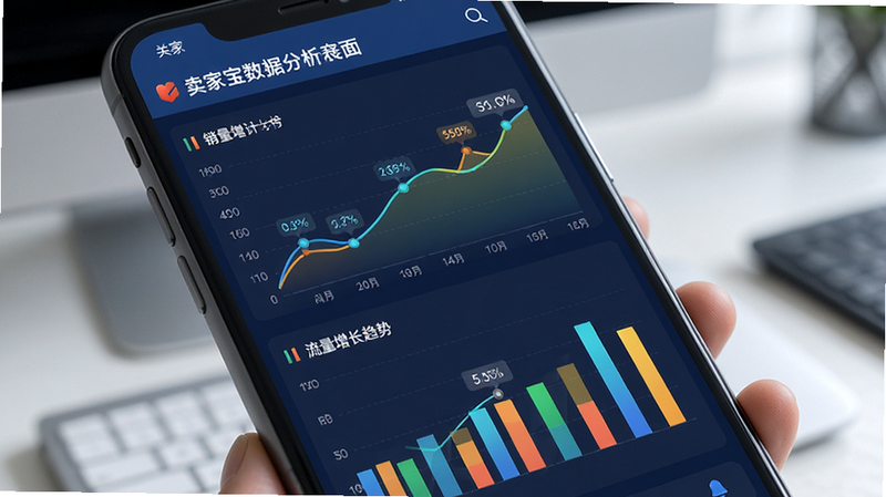 卖家宝数据分析界面,手机屏幕显示折线图和柱状图,代表销量和流量增长趋势,色彩鲜明,数据标签清晰,专业商务风格