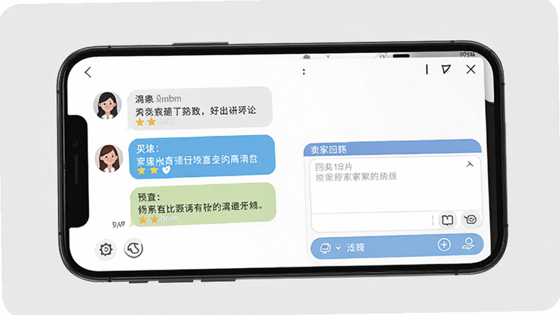 卖家宝客服聊天界面,手机屏幕显示对话窗口,左侧为买家头像和消息,右侧为卖家回复框,背景简洁,字体清晰,体现高效沟通场景