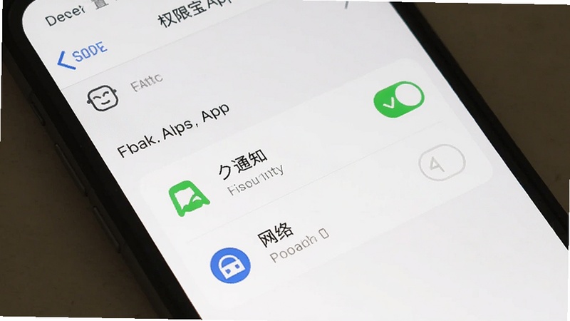 卖家宝App设置界面,手机屏幕显示权限管理菜单,勾选通知和网络选项,简洁图标,白色背景,清晰文字
