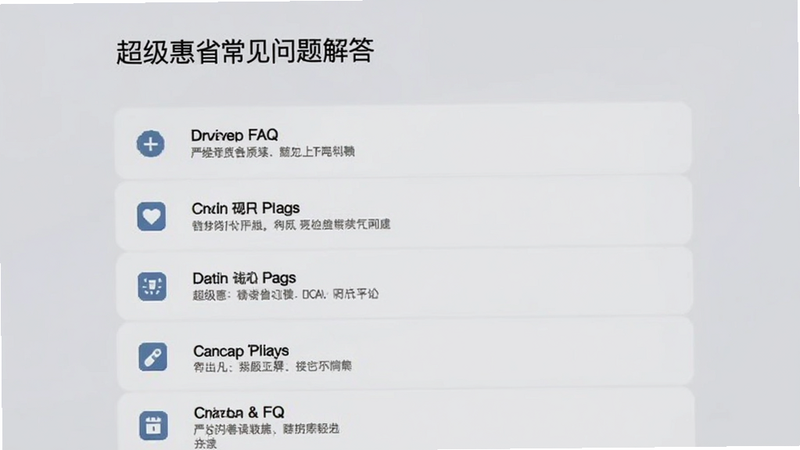超级惠省常见问题解答界面,展示FAQ列表,文字清晰,背景为柔和的浅灰色,图标简洁