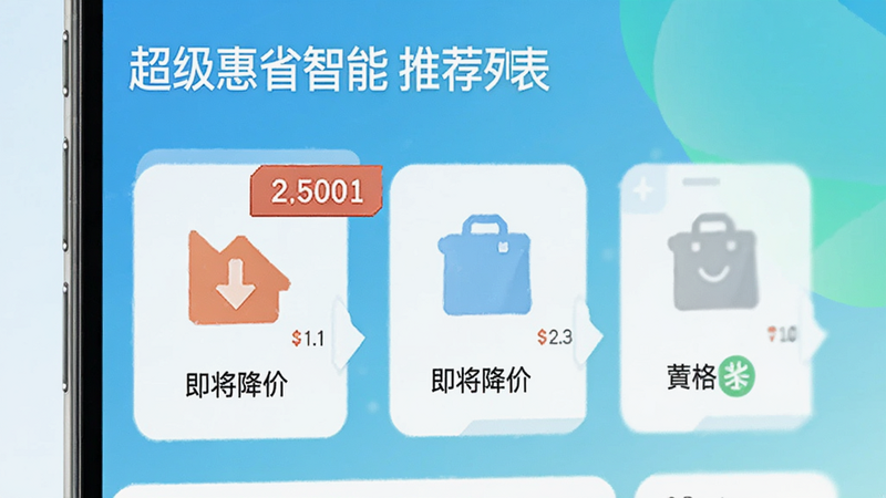 超级惠省智能推荐列表,展示“即将降价”商品图标,带有倒计时标签,风格清新现代