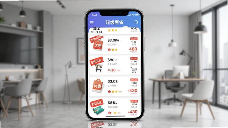 超级惠省APP界面预览图,手机屏幕显示简洁的购物比价列表,红色优惠标签醒目,背景为现代简约风格,扁平化设计,高清细节