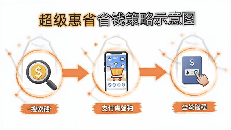 超级惠省省钱策略示意图,流程图展示从搜索到支付的全过程,强调关键节点