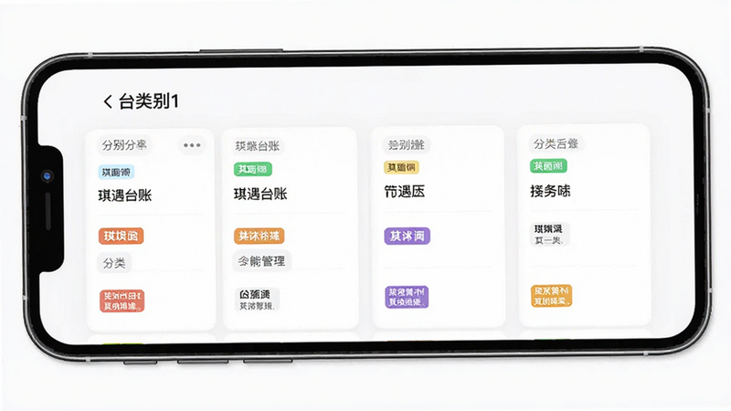 琪遇台账 app界面展示智能分类管理功能,主体是手机屏幕显示清晰的台账列表,布局采用卡片式设计,排版简洁明了,风格扁平化现代UI,细节包含不同颜色标签区分类别,画质高清干净无多余元素
