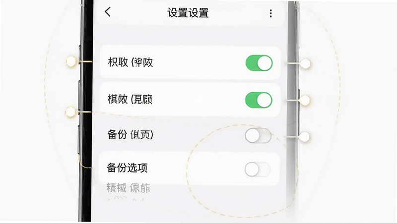 琪遇台账 app使用指南示意图,主体是手机屏幕显示设置菜单,布局采用垂直列表形式,排版清晰易读,风格简约实用,细节包含权限开关和备份选项,画质高清干净无多余元素