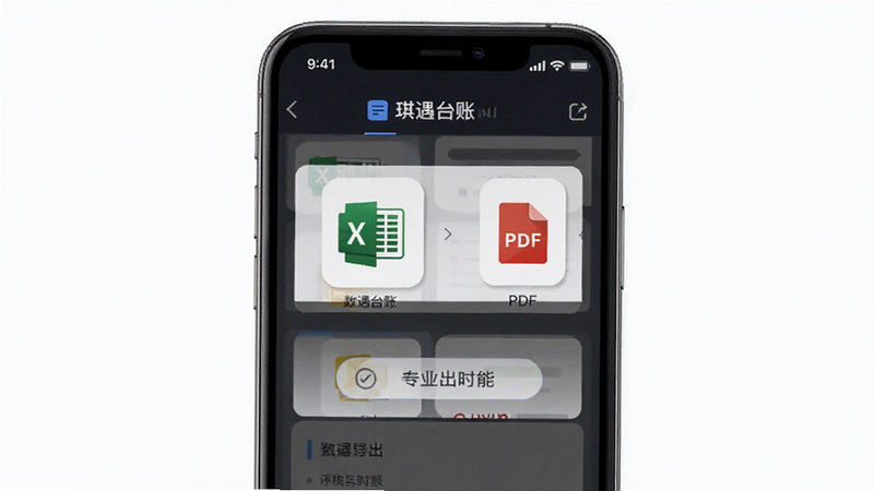 琪遇台账 app数据导出功能演示图,主体是手机屏幕显示导出选项,布局采用横向排列图标,排版直观明了,风格专业商务,细节包含Excel和PDF图标示例,画质高清干净无多余元素