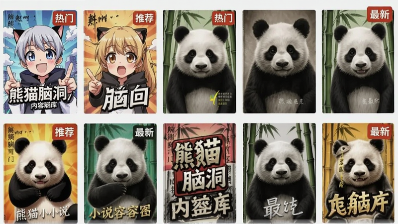 熊猫脑洞小说内容库展示图,多本书封面网格排列,封面风格多样包含动漫风与写实风,文字标签显示