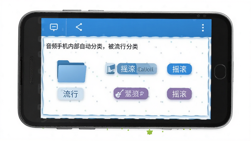 安卓手机内部文件结构示意图,展示音频文件夹被自动分类为“流行”、“摇滚”等标签,界面元素清晰,色调以蓝白为主