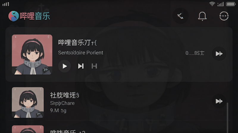 哔哩音乐APP界面截图,展示简洁的深色主题播放列表与正在播放的歌曲信息,风格现代扁平化,细节清晰,画质干净无多余元素
