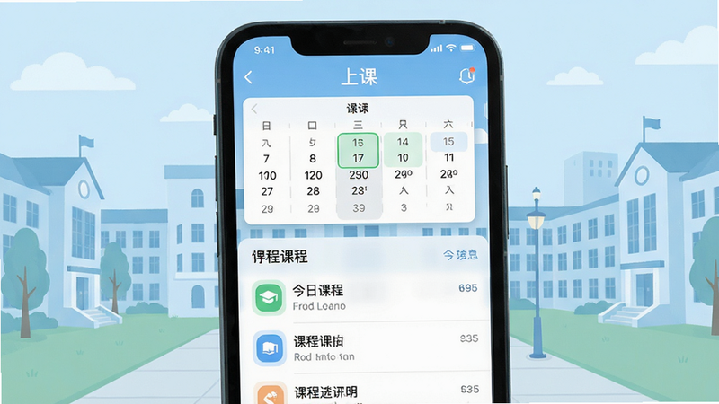 一个现代化的智能手机屏幕显示「上课」App的主界面,界面顶部有清晰的课表日历视图,下方列出今日课程列表,背景为淡蓝色校园风格,主体为简洁的用户交互界面,布局清晰,排版整齐,风格现代扁平化设计,细节包括图标和文字标签清晰可见,画质高清干净无多余元素