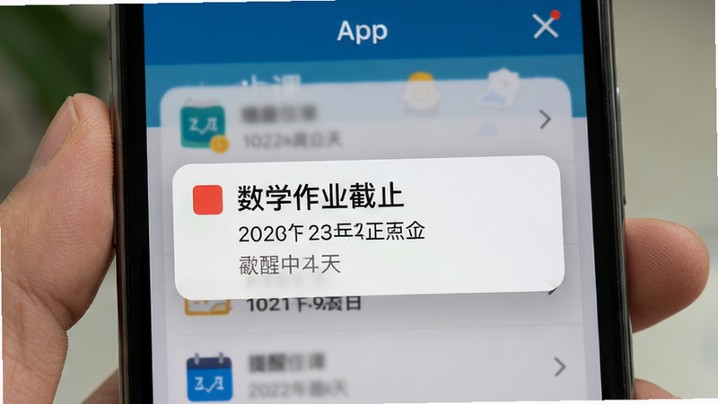 「上课」App的作业提醒功能展示,手机屏幕显示一条带有红色标记的“数学作业截止”通知弹窗,主体为通知界面,布局紧凑,排版清晰,风格实用主义,细节包括日期和科目名称明确,画质高清干净无多余元素