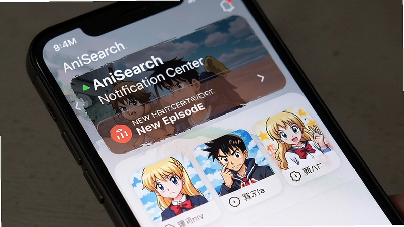 AniSearch notification center displaying new episode alerts for popular anime series, mobile interface design