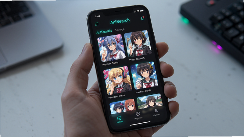 AniSearch app interface on a smartphone screen, dark mode theme with neon accents, showing a grid of anime thumbnails, clean modern UI, high resolution, realistic style
