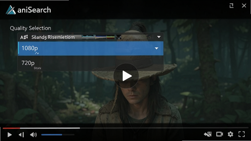 AniSearch video player interface with quality selection dropdown, showing 1080p and 720p options