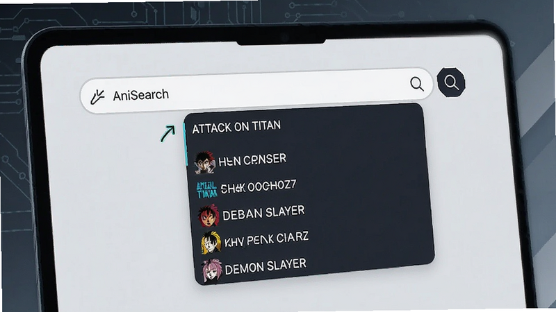 AniSearch search bar with predictive text suggestions, showing anime titles like 'Attack on Titan' and 'Demon Slayer', minimalist tech aesthetic