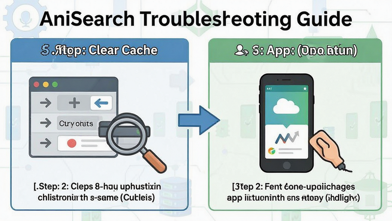 AniSearch troubleshooting guide infographic, showing steps to clear cache and update app