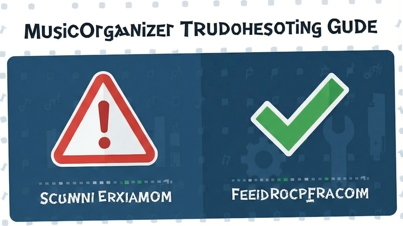 MusicOrganizer troubleshooting guide illustration, showing a warning sign and a checkmark, simple flat icon style, clear instructions