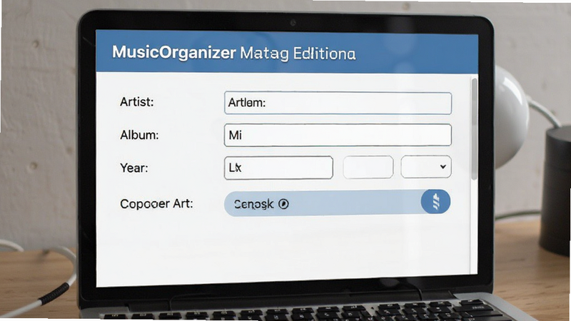 MusicOrganizer metadata editing interface, showing fields for Artist, Album, Year, and Cover Art upload, clean layout, user-friendly design