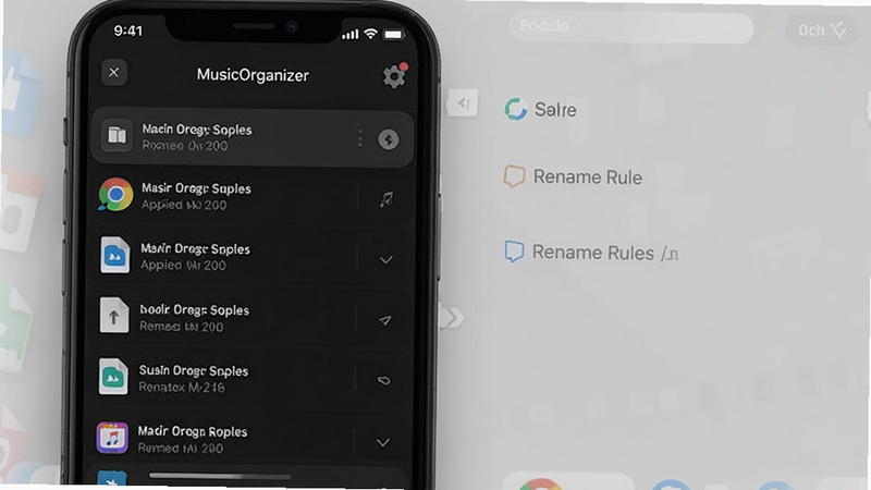 MusicOrganizer app screenshot showing a list of files with rename rules applied, dark mode interface, modern UI design, clear typography
