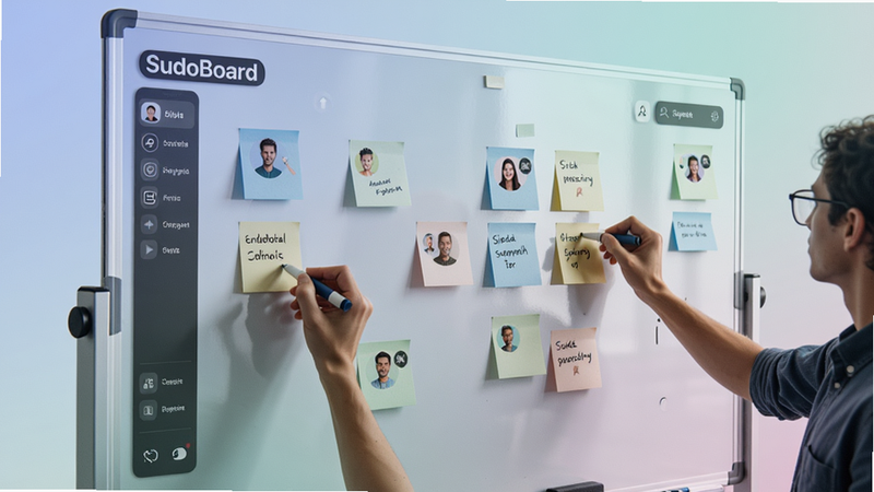 SudoBoard whiteboard canvas with multiple user avatars editing sticky notes simultaneously, minimalist tech aesthetic, soft gradient background, detailed UI elements