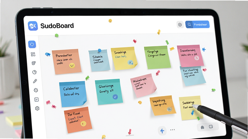 SudoBoard app interface showing a collaborative whiteboard with sticky notes, clean modern UI style, bright colors, flat design, high resolution, 4k quality