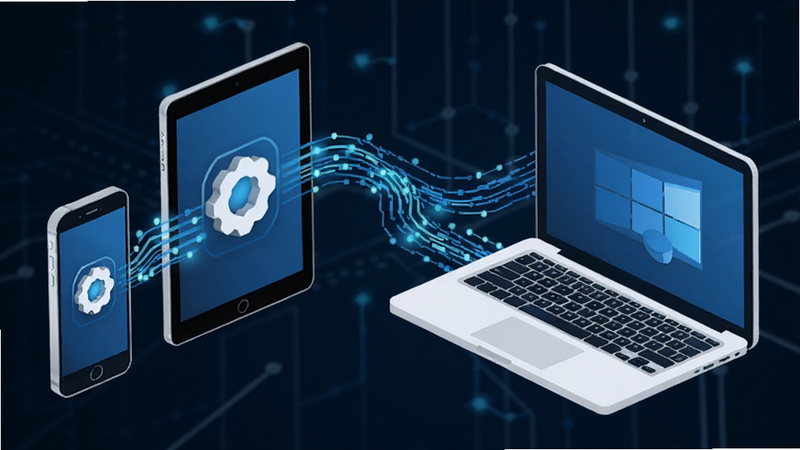 SudoBoard sync icon connecting a smartphone, tablet and laptop, data flow visualization, blue and white color scheme, professional tech illustration
