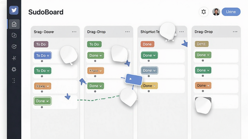 SudoBoard task board interface with kanban columns, status tags like 'To Do' and 'Done', clean typography, intuitive drag-and-drop visual cues