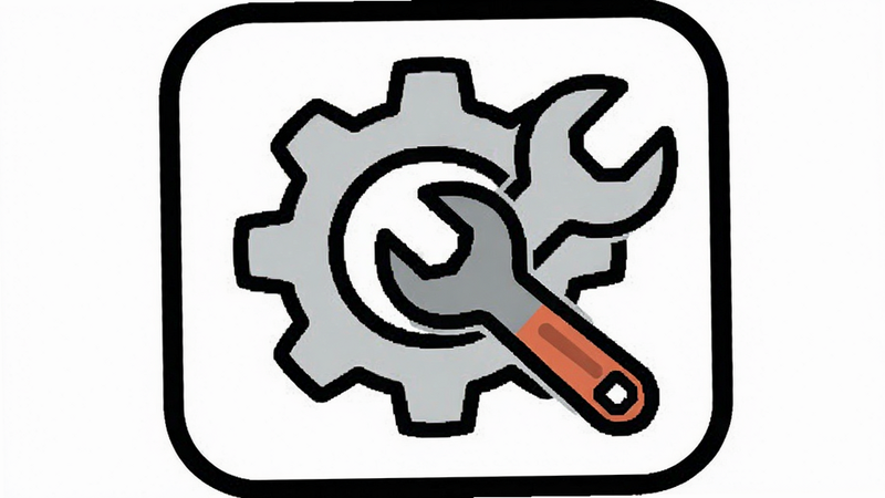 SudoBoard troubleshooting guide icon with a gear and wrench, vector style, simple flat design, white background
