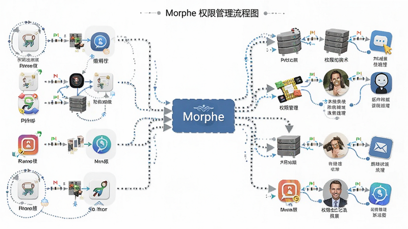 Morphe 权限管理流程图,箭头指向不同应用图标,风格信息图表,细节丰富,画质清晰