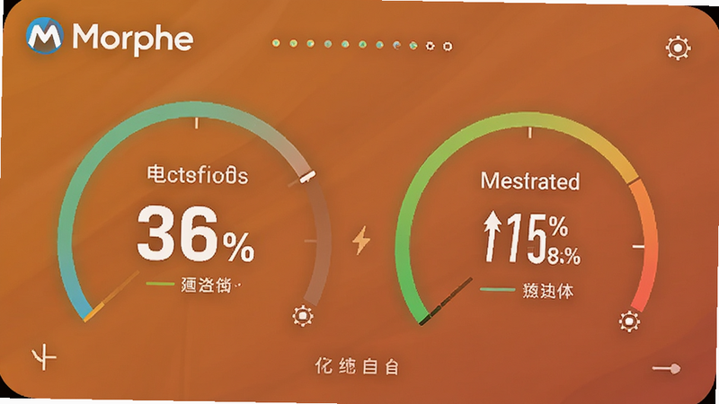 电池优化仪表盘,Morphe logo在左上角,显示电量百分比与节省预估,背景为暖色调,风格科技感,细节精准,画质明亮