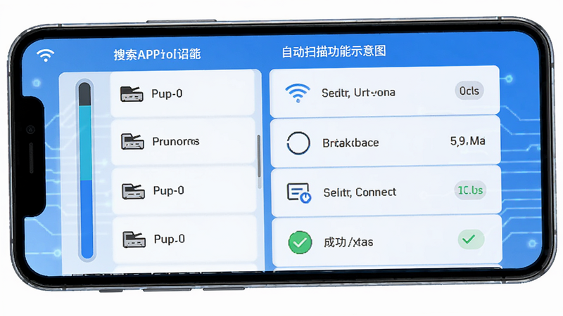 快印APP自动扫描功能示意图,主体为手机屏幕显示正在搜索的打印机列表,布局左侧为进度条右侧为结果,排版简洁明了,风格科技感蓝色调,细节包含Wi-Fi图标和成功连接状态,画质清晰无多余元素