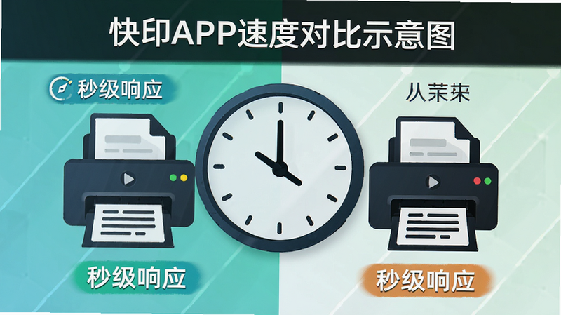 快印APP速度对比示意图,主体为时钟与打印机图标,布局左右对比,排版简洁直观,风格信息图表,细节包含